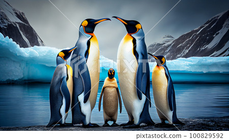 Emperor Penguins with chick 100829592