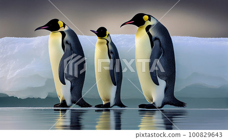 Emperor Penguins with chick 100829643