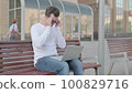 Young Man with Headache Using Laptop while Sitting Outdoor on Bench 100829716