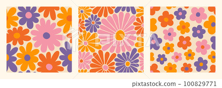 Groovy Daisy Flowers Seamless Patterns Set. Floral Vector Background in 1970s Hippie Retro Style Groovy Daisy Flowers Seamless Patterns Set. Floral Vector Background in 1970s Hippie Retro Style 100829771