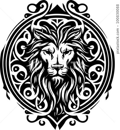Lion ethnic graphic style with celtic ornaments and patterned mane. Vector illustration. 100830088