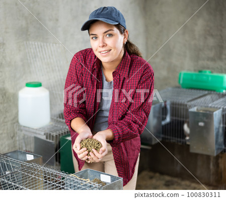 worker showing feed for animal in her hands worker showing feed for animal in her hands 100830311