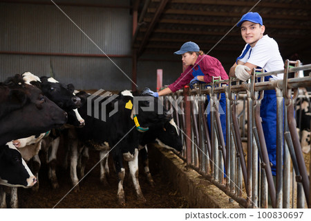Portrait of boy and woman farmers on dairy farm 100830697