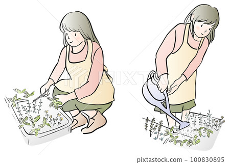 Illustration color of a woman tending herbs 100830895