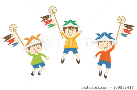 A set of boys jumping happily in shorts, wearing an origami helmet and holding a carp streamer 100831417