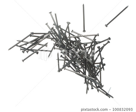 Long Nail fly floating in mid air. Many group new long nails metal fall as construction tools. Abstract long nails explode unbox. White background isolated high speed shutter freeze motion 100832093