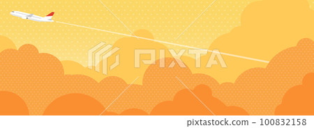 飛機在夕陽的天空中飛翔背景材料（橫幅的水平） 100832158