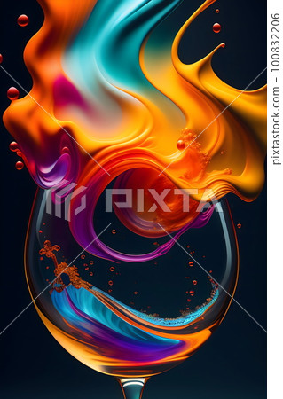 Wine glass and colorful ink art Wine glass and colorful ink art 100832206