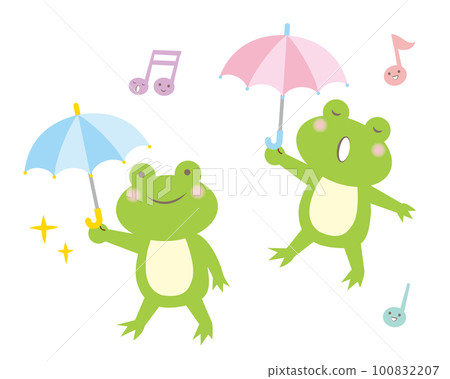 A walking frog with an umbrella and a singing frog A walking frog with an umbrella and a singing frog 100832207