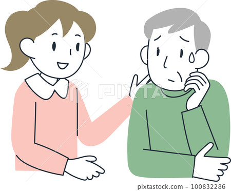 一個面色不安地說話的老人和一個傾聽的年輕女人 一個面色不安地說話的老人和一個傾聽的年輕女人 100832286