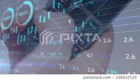 Image of data processing and stock market over hand using phone Image of data processing and stock market over hand using phone 100832520