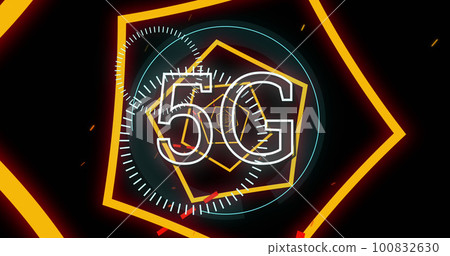 Image of 5g text over neon yellow hexagonal tunnel in seamless pattern against black background 100832630