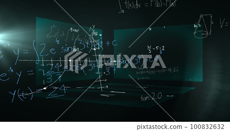 Image of data processing and mathematical equations over screens Image of data processing and mathematical equations over screens 100832632