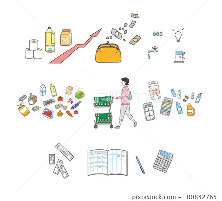 A set of household accounts, spending and shopping women A set of household accounts, spending and shopping women 100832765