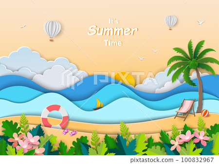 Paper art relaxation time with view of blue sea and beach on summertime 100832967