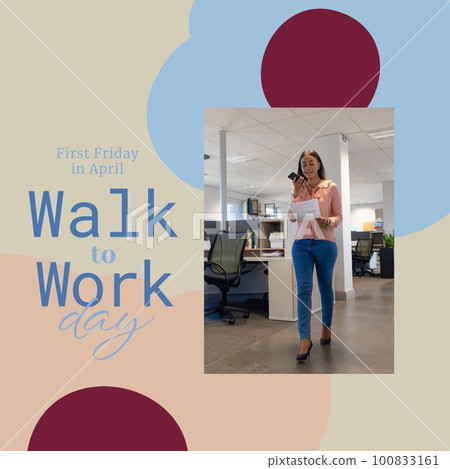 Biracial woman holding report sending voicemail and first friday in april, walk to work day text 100833161