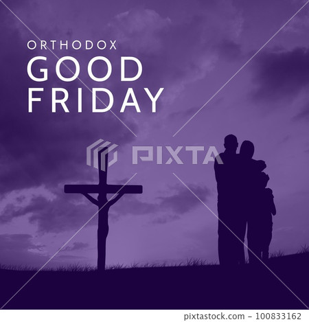 Composite of orthodox good friday text over silhouette people praying to crucifix against cloudy sky 100833162