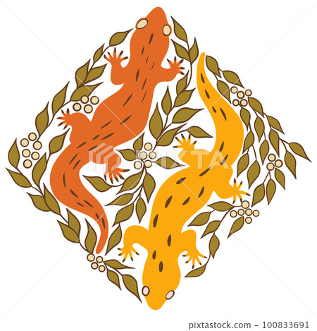 Hand drawn illustration with yellow orange gecko lizard, retro vintage amphibian animal in mid century modern, berries leaves branches floral background, trendy nature theme. 100833691