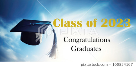 Graduation cap thrown up in blue sky, phrase Congratulations Graduates class of 2023. Graduation from educational institution, school, university, 100834167