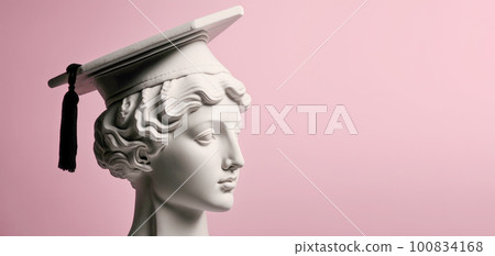 Plaster head of woman in a traditional Graduate cap, pink background, minimalism. The concept of graduation from school, university, education, study 100834168