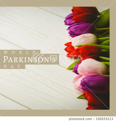 Composite of world parkinson's day text and colorful fresh tulips on white table, copy space Composite of world parkinson's day text and colorful fresh tulips on white table, copy space 100834223