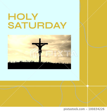 Composite of crucifix against cloudy sky and holy saturday text on blue and yellow background Composite of crucifix against cloudy sky and holy saturday text on blue and yellow background 100834226