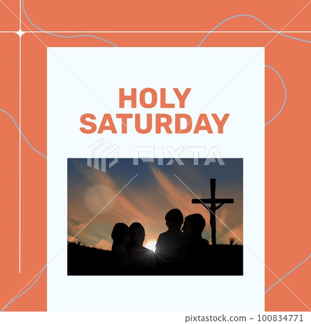 Composite of silhouette family and cross with holy saturday text and scribbles on peach background 100834771