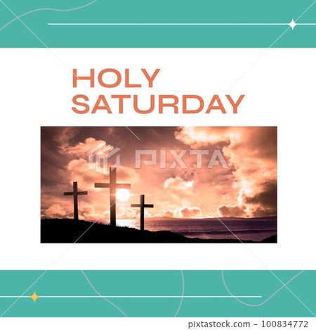 Composite of holy saturday text and silhouette crosses at beach by sea against cloudy sky at sunset Composite of holy saturday text and silhouette crosses at beach by sea against cloudy sky at sunset 100834772