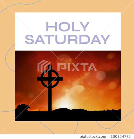 Composite of silhouette cross with circle on land against sky at sunset and holy saturday text Composite of silhouette cross with circle on land against sky at sunset and holy saturday text 100834773