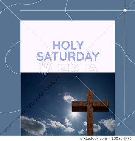Composite of wooden cross against blue sky and holy saturday text and scribbles on blue background 100834775