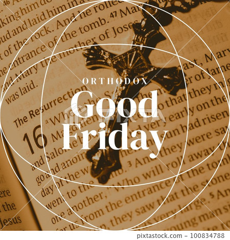 Composite of orthodox good friday text in geometric shapes over bible and cross 100834788