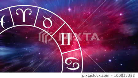 Composition of zodiac star sign wheel with copy space over stars Composition of zodiac star sign wheel with copy space over stars 100835388