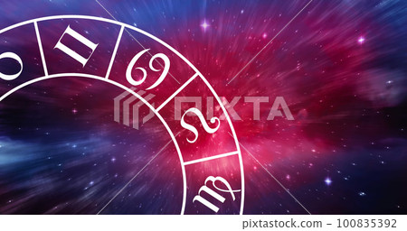 Composition of zodiac star sign wheel with copy space over stars Composition of zodiac star sign wheel with copy space over stars 100835392