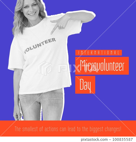Composite of international microvolunteer day text and caucasian female volunteer gesturing 100835587