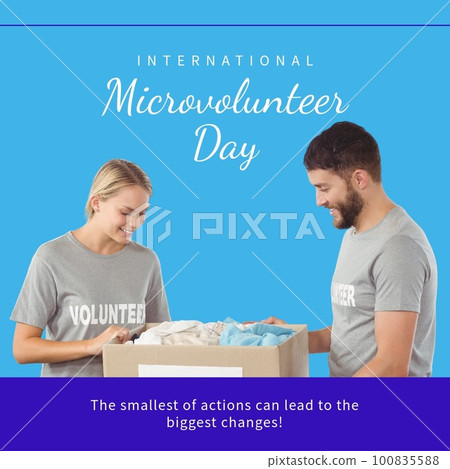 Composite of international microvolunteer day text and caucasian volunteers with donation box Composite of international microvolunteer day text and caucasian volunteers with donation box 100835588