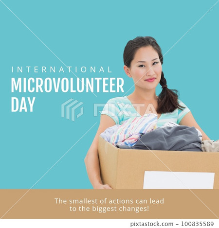 Composite of international microvolunteer day text and asian female volunteer with donation box 100835589