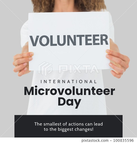 Composite of international microvolunteer day and midsection of biracial woman with volunteer sign Composite of international microvolunteer day and midsection of biracial woman with volunteer sign 100835596