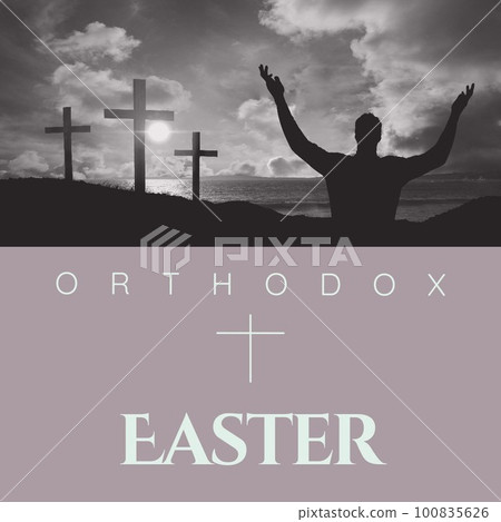 Silhouette man with arms raised praying crosses at beach under cloudy sky and orthodox easter text Silhouette man with arms raised praying crosses at beach under cloudy sky and orthodox easter text 100835626
