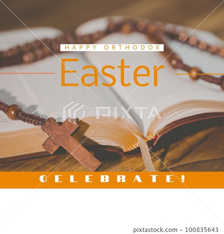 Composite of happy orthodox easter and celebrate text over bible with rosary beads on wooden table 100835643