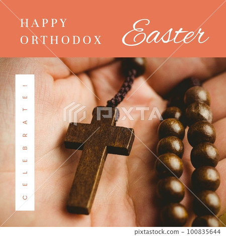 Composite of happy orthodox easter and celebrate text with caucasian hand with rosary beads Composite of happy orthodox easter and celebrate text with caucasian hand with rosary beads 100835644