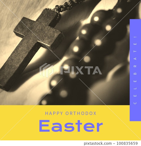 Composite of celebrate happy orthodox easter text and close-up of hand holding rosary beads 100835659