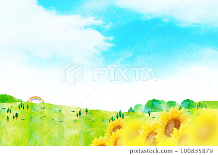 向日葵盛開的山丘背景素材 100835879