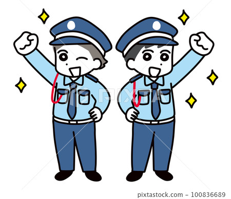 Two young male security guards smiling and posing in a fist pump (full body) Two young male security guards smiling and posing in a fist pump (full body) 100836689