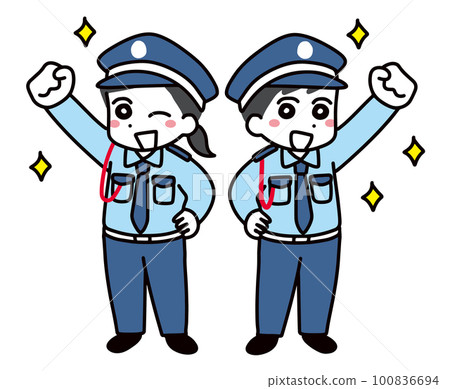 Smiling young male and female security guards posing in a fist pump (full body) Smiling young male and female security guards posing in a fist pump (full body) 100836694