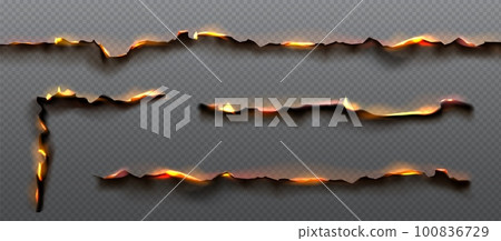 Fire, orange flame on burnt paper edges 100836729