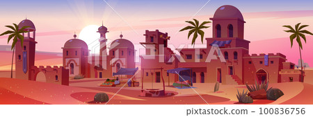 Cartoon ancient arab city in desert at sunset Cartoon ancient arab city in desert at sunset 100836756