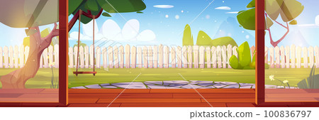 Cartoon backyard view from open glass door Cartoon backyard view from open glass door 100836797