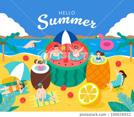 Woman and man play a beach ball in the beach. People stay in the watermelon, coconut, and pineapple in the summer. Woman and man play a beach ball in the beach. People stay in the watermelon, coconut, and pineapple in the summer. 100836932