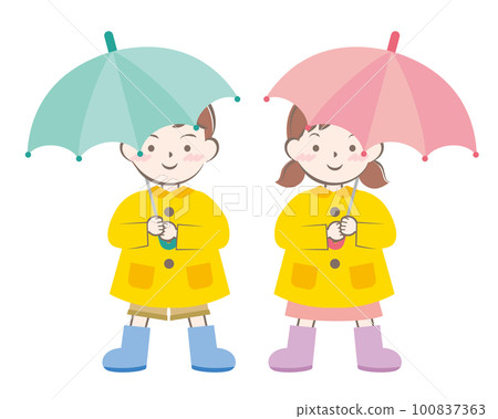穿雨衣打傘的男孩女孩 100837363