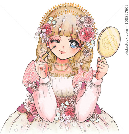 Princess with girl manga style makeup, hand mirror and mascara 100837602